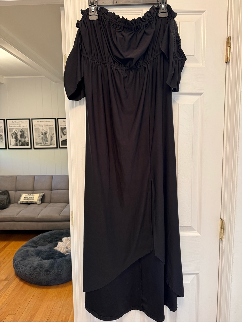 VENUS Black Off-Shoulder Midi Dress with Layered Hem